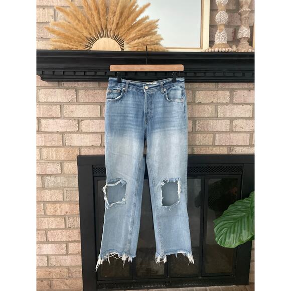 Free People Maggie Ripped Crop Baggy Jeans Size 26 Busted Knee Distressed - Picture 3 of 10